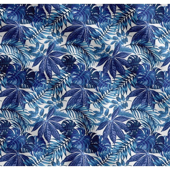 Soimoi Blue Cotton Cambric Fabric Tropical Leaves Print Sewing Fabric Yard 56 Inch Wide