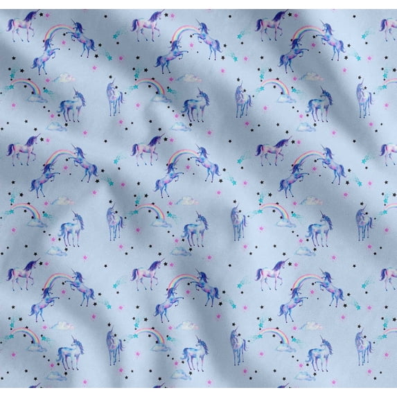 Soimoi Blue Cotton Cambric Fabric Unicorn & Rainbow Nature Printed Fabric 1 Yard 56 Inch Wide
