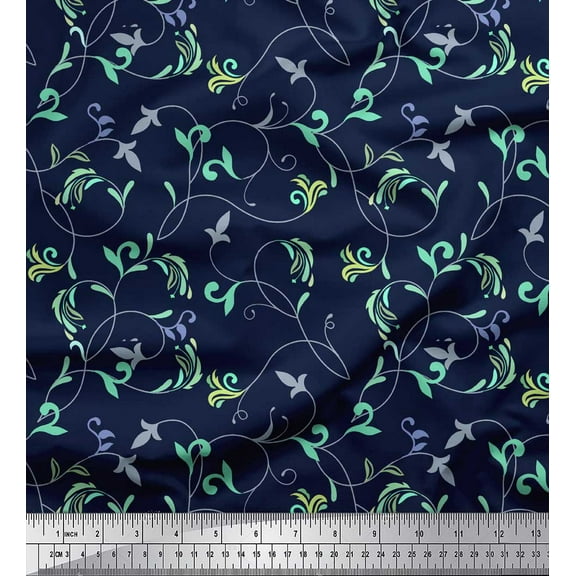 Soimoi Blue Cotton Duck Fabric Artistic Leaves Print Fabric by Yard 42 Inch Wide