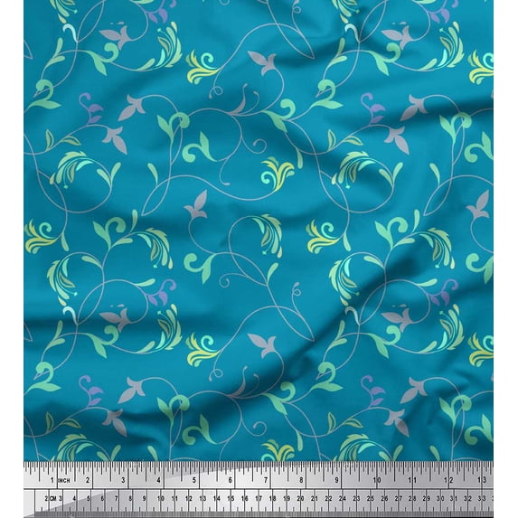 Soimoi Blue Cotton Duck Fabric Artistic Leaves Printed Craft Fabric by the Yard 42 Inch Wide