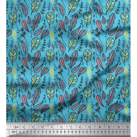 Soimoi Blue Cotton Duck Fabric Artistic Leaves Printed Craft Fabric by the Yard 42 Inch Wide
