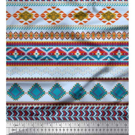Soimoi Blue Cotton Duck Fabric Aztec Geometric Decor Fabric Printed Yard 42 Inch Wide
