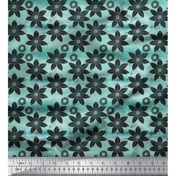 Soimoi Blue Cotton Duck Fabric Black Sketch Floral Print Fabric by the Yard 42 Inch Wide