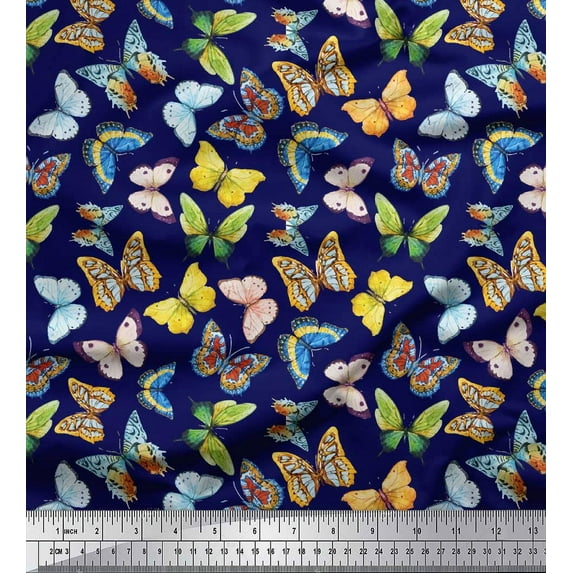 Soimoi Blue Cotton Duck Fabric Colorful Butterfly Print Sewing Fabric Yard 42 Inch Wide