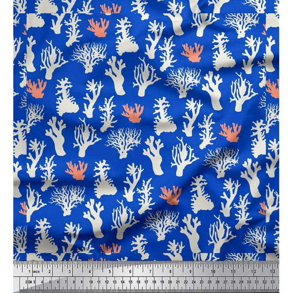 Soimoi Blue Cotton Duck Fabric Coral Ocean Print Sewing Fabric Yard 42 Inch Wide