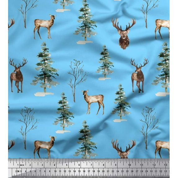 Soimoi Blue Cotton Duck Fabric Deer & Tree Watercolor Decor Fabric Printed Yard 44 Inch Wide