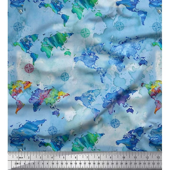Soimoi Blue Cotton Duck Fabric Direction Compass & World Map Decor Fabric Printed Yard 42 Inch Wide