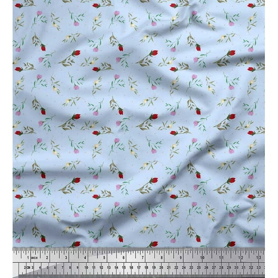 Soimoi Blue Cotton Duck Fabric Dot & Buds Floral Print Fabric by the Yard 42 Inch Wide