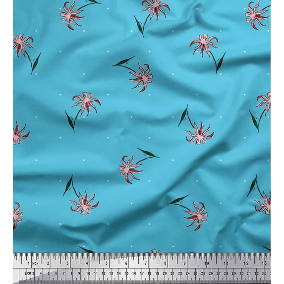 Soimoi Blue Cotton Duck Fabric Dot & Floral Artistic Fabric Prints By Yard 42 Inch Wide