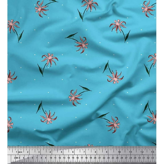 Soimoi Blue Cotton Duck Fabric Dot & Floral Artistic Fabric Prints By Yard 42 Inch Wide