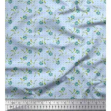 Soimoi Blue Cotton Duck Fabric Dot & Freesia Floral Print Sewing Fabric Yard 42 Inch Wide