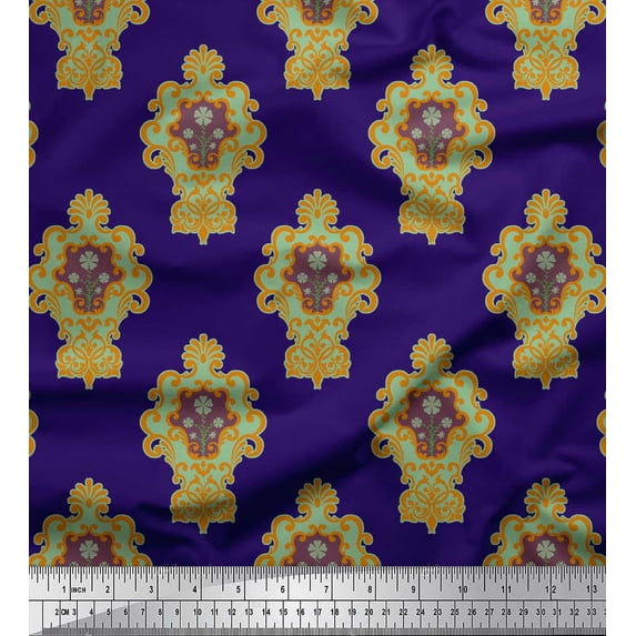 Soimoi Blue Cotton Duck Fabric Floral Damask Print Fabric by Yard 42 Inch Wide