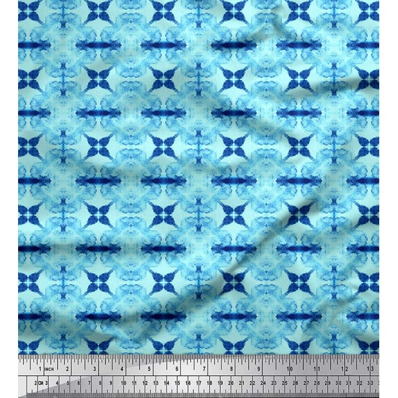 Soimoi Blue Cotton Duck Fabric Floral Tie-Dye Print Sewing Fabric Yard 44 Inch Wide