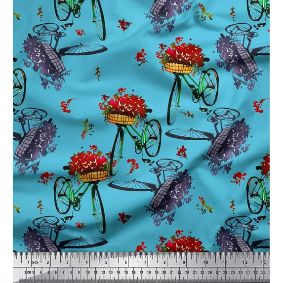 Soimoi Blue Cotton Duck Fabric Flower Basket & Bicycle Transport Printed Fabric 1 Yard 56 Inch Wide