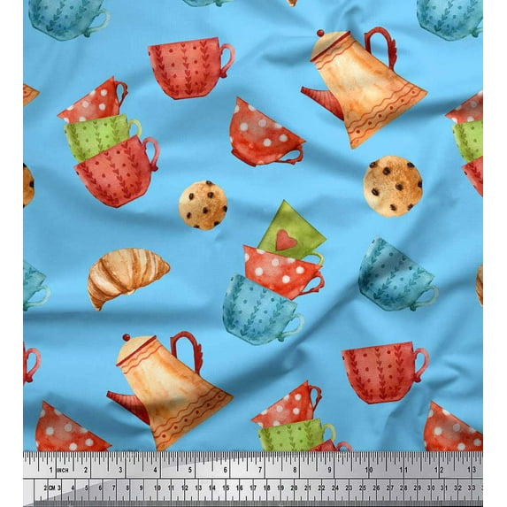 Soimoi Blue Cotton Duck Fabric Kettle & Cups Kitchen Fabric Prints By Yard 42 Inch Wide