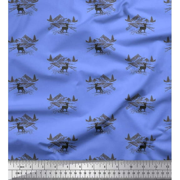 Soimoi Blue Cotton Duck Fabric Landscape & Reindeer Animal Fabric Prints By Yard 42 Inch Wide