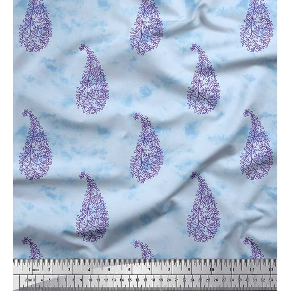 Soimoi Blue Cotton Duck Fabric Leaf & Paisley Print Fabric by the Yard 42 Inch Wide