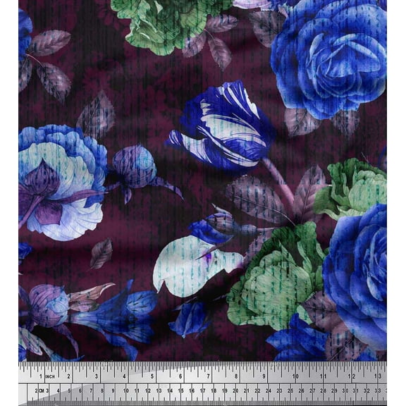 Soimoi Blue Cotton Duck Fabric Leaves & Floral Print Fabric by The Yard 42 Inch Wide