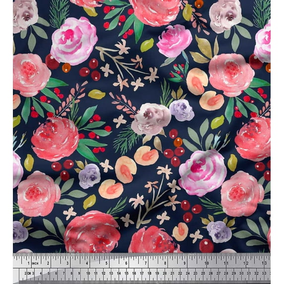 Soimoi Blue Cotton Duck Fabric Leaves & Floral Watercolor Fabric Prints by Yard 56 Inch Wide