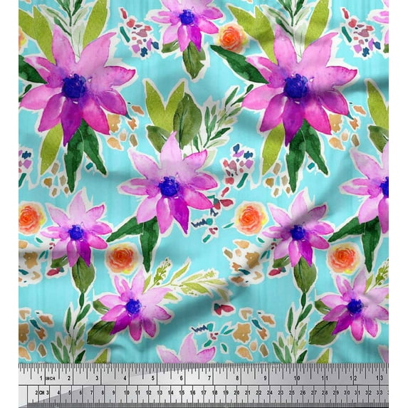 Soimoi Blue Cotton Duck Fabric Leaves & Floral Watercolor Print Fabric by The Yard 42 Inch Wide