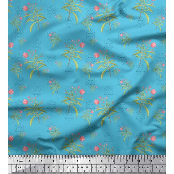 Soimoi Blue Cotton Duck Fabric Leaves & Flower Geometric Fabric Prints by Yard 56 Inch Wide