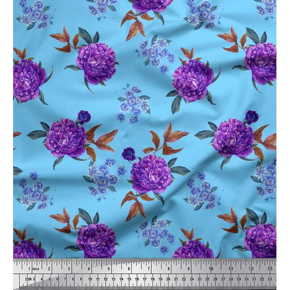 Soimoi Blue Cotton Duck Fabric Leaves & Peony Floral Decor Fabric Printed Yard 42 Inch Wide