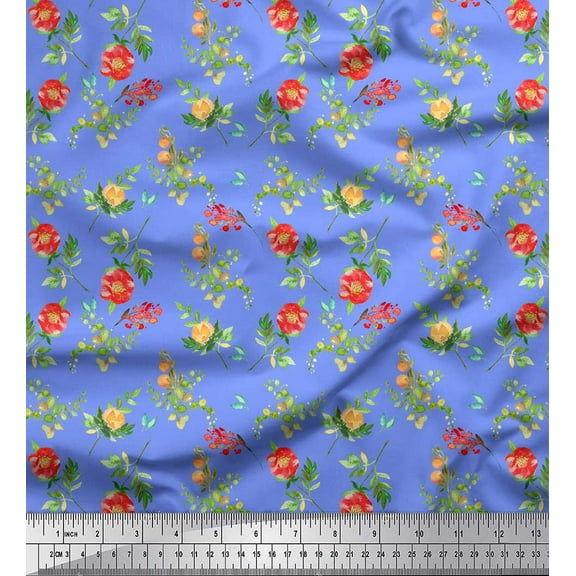 Soimoi Blue Cotton Duck Fabric Leaves & Peony Floral Print Fabric by the Yard 42 Inch Wide