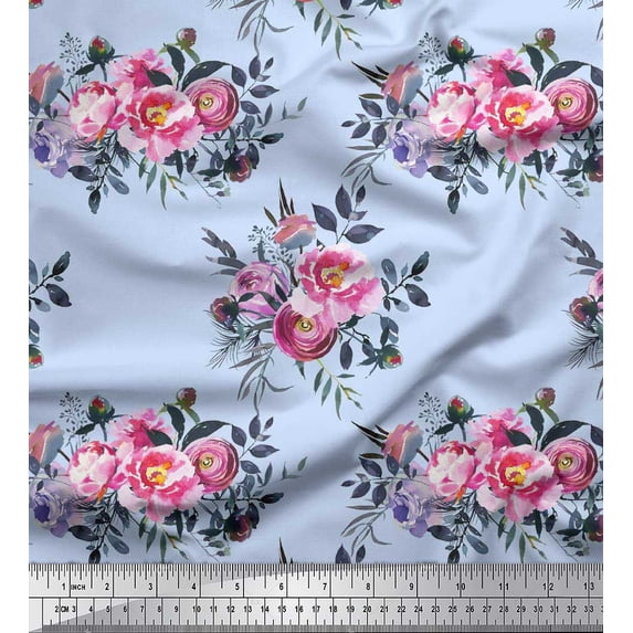 Soimoi Blue Cotton Duck Fabric Leaves & Pink Floral Print Fabric by The Yard 42 Inch Wide