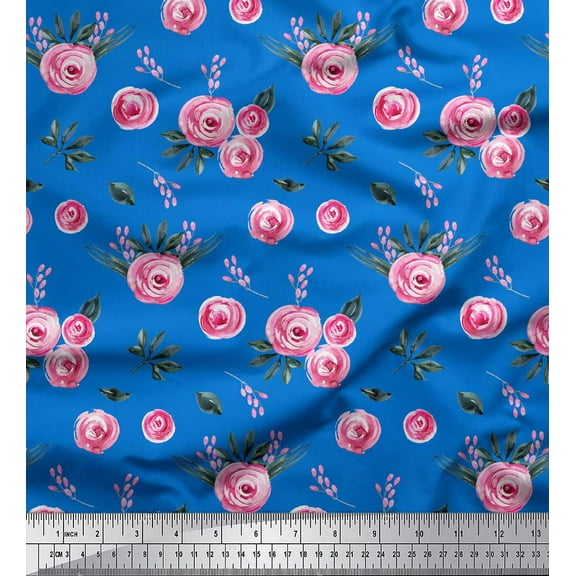 Soimoi Blue Cotton Duck Fabric Leaves & Ranunculus Floral Print Fabric by the Yard 44 Inch Wide