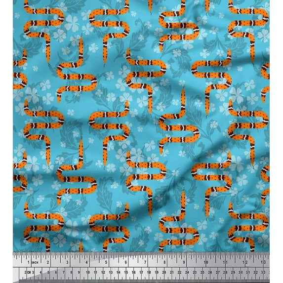 Soimoi Blue Cotton Duck Fabric Leaves,White Floral & Snake Reptile Fabric Prints by Yard 42 Inch Wide