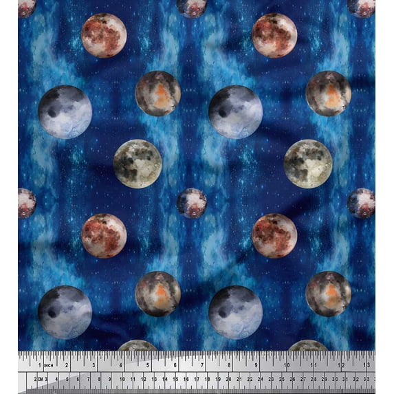 Soimoi Blue Cotton Duck Fabric Moon & Planet Galaxy Printed Craft Fabric by the Yard 44 Inch Wide