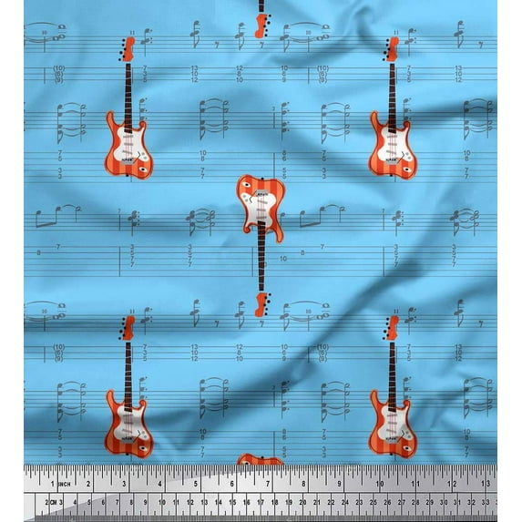 Soimoi Blue Cotton Duck Fabric Notes & Guitar Musical Instrument Print Sewing Fabric Yard 56 Inch Wide