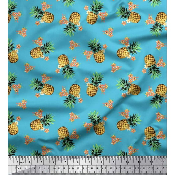 Soimoi Blue Cotton Duck Fabric Peach Floral & Pineapple Fruits Decor Fabric Printed Yard 42 Inch Wide