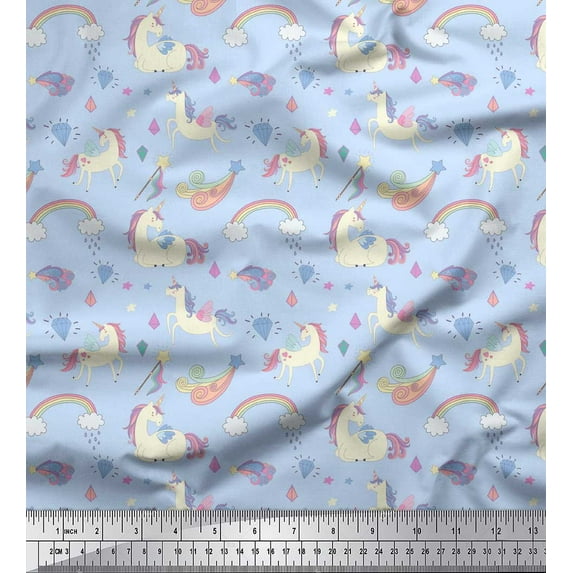 Soimoi Blue Cotton Duck Fabric Rainbow & Unicorn Animal Print Fabric by the Yard 42 Inch Wide