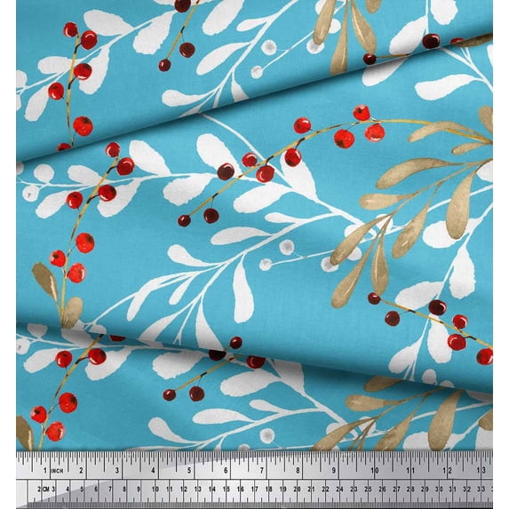 Soimoi Blue Cotton Duck Fabric Red Berries Leaves Printed Fabric 1 Yard 42 Inch Wide