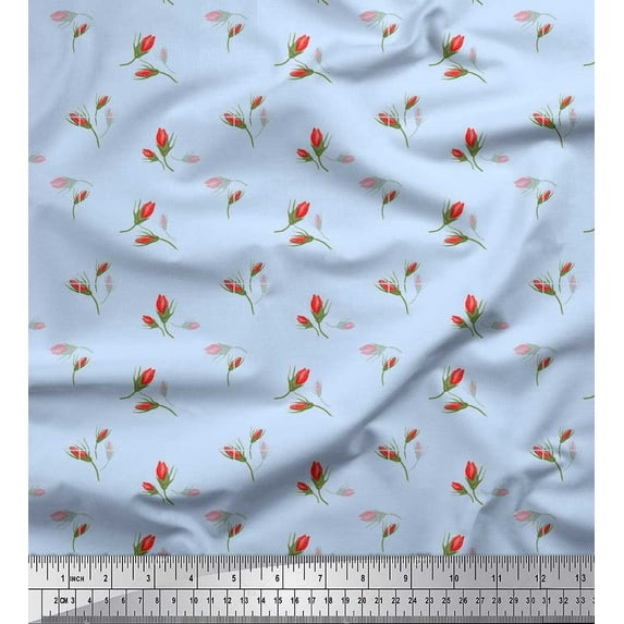 Soimoi Blue Cotton Duck Fabric Rose Buds Floral Print Fabric by the Yard 56 Inch Wide