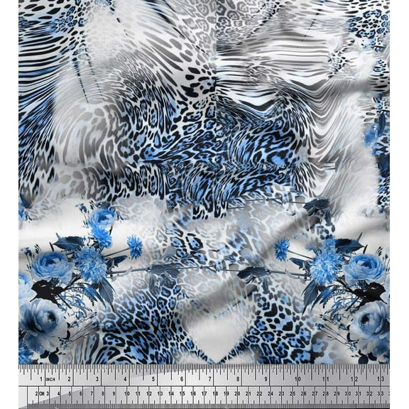 Soimoi Blue Cotton Duck Fabric Rose,Floral & Leopard Animal Skin Print Fabric by The Yard 42 Inch Wide