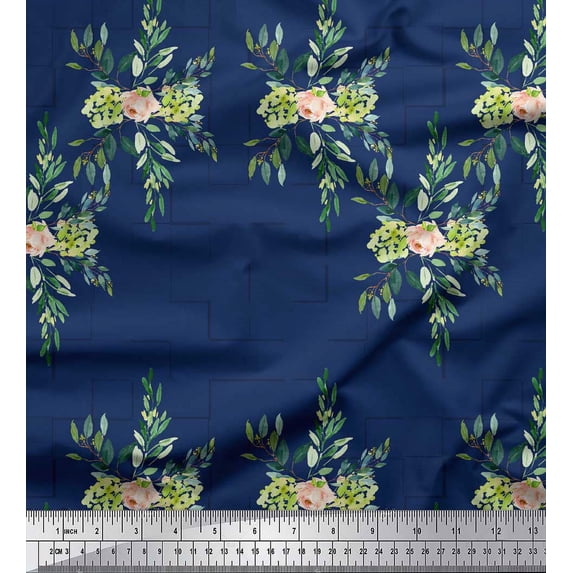 Soimoi Blue Cotton Duck Fabric Square & Leaves Print Fabric by The Yard 58 Inch Wide