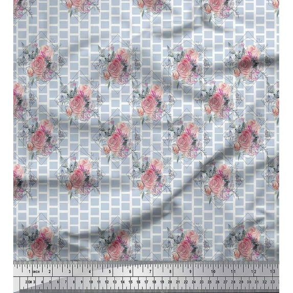 Soimoi Blue Cotton Duck Fabric Square & Rose Floral Printed Craft Fabric by the Yard 44 Inch Wide