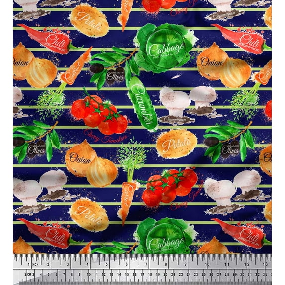 Soimoi Blue Cotton Duck Fabric Stripe & Mixed Veggies Vegetable Print Fabric by the Yard 44 Inch Wide