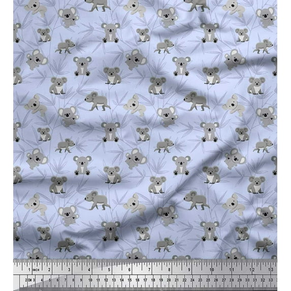 Soimoi Blue Cotton Duck Fabric Teddy Bear & Leaves Kids Print Fabric by the Yard 44 Inch Wide
