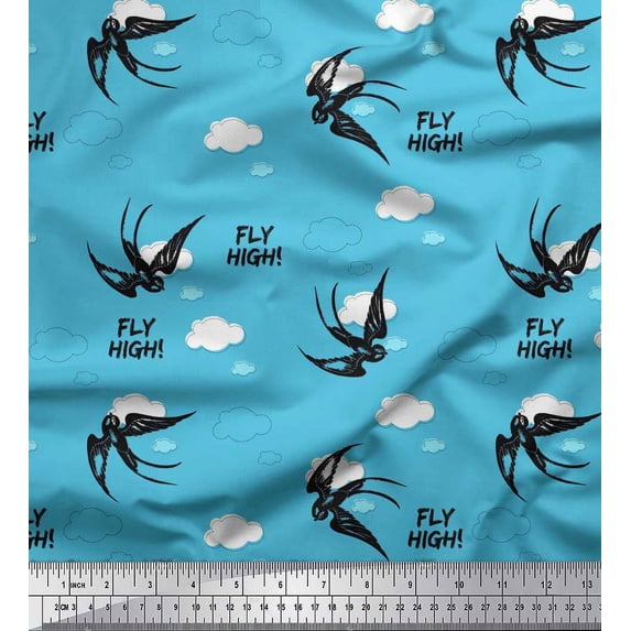 Soimoi Blue Cotton Duck Fabric Text,Clouds & Crow Bird Decor Fabric Printed Yard 42 Inch Wide