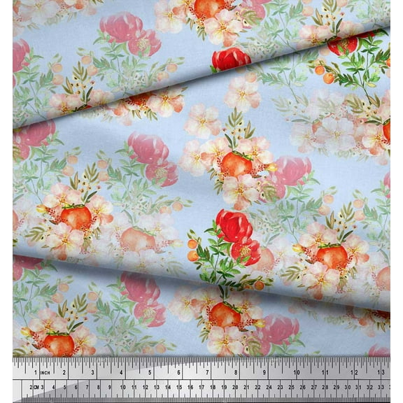 Soimoi Blue Cotton Duck Fabric Tomato & Peony Floral Decor Fabric Printed Yard 42 Inch Wide