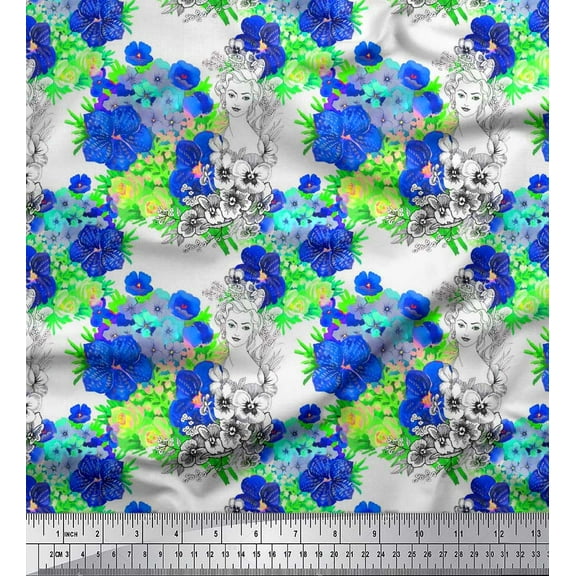 Soimoi Blue Cotton Duck Fabric Women Face & Floral Decor Fabric Printed BTY 42 Inch Wide