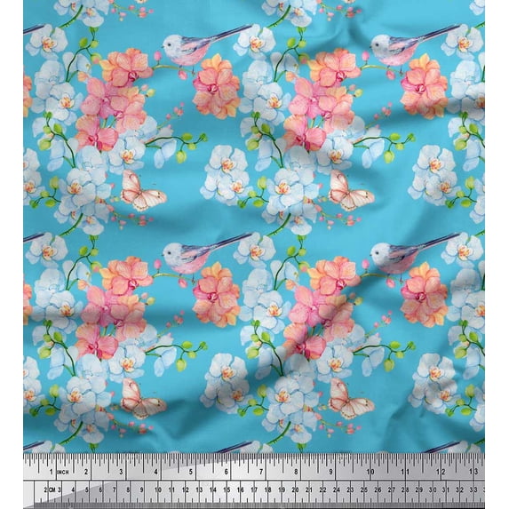 Soimoi Blue Cotton Jersey Fabric Bird,Leaves & Flower Floral Print Fabric by the Yard 58 Inch Wide