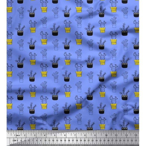 Soimoi Blue Cotton Jersey Fabric Cactus Leaves Print Fabric by Yard 64 Inch Wide