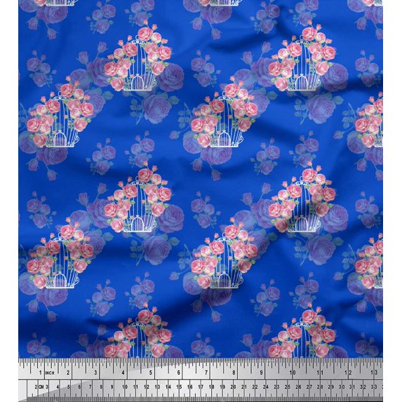 Soimoi Blue Cotton Jersey Fabric Cage & Roses Floral Printed Fabric 1 Yard 58 Inch Wide