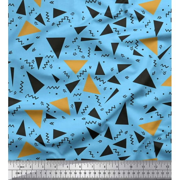 Soimoi Blue Cotton Jersey Fabric Dot,Zig Zag & Triangle Geometric Printed Fabric 1 Yard 58 Inch Wide