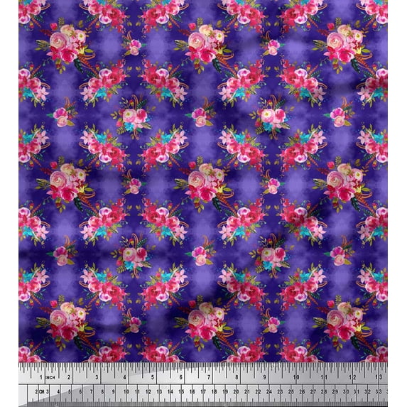 Soimoi Blue Cotton Jersey Fabric Feather & Ranunculus Floral Print Fabric by Yard 58 Inch Wide