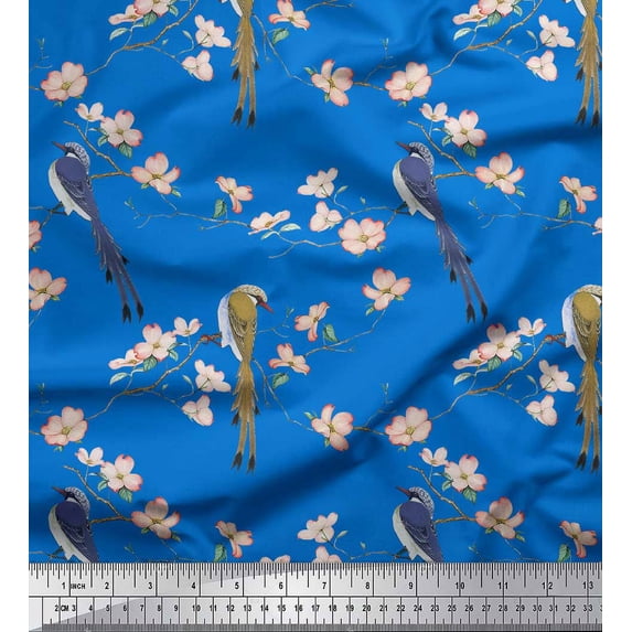 Soimoi Blue Cotton Jersey Fabric Floral & Paradise Whydah Bird Print Fabric by the Yard 64 Inch Wide